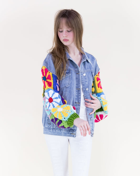 Groovy Handmade Daisy Sleeves Denim Jacket