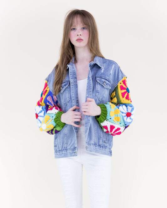 Groovy Handmade Daisy Sleeves Denim Jacket