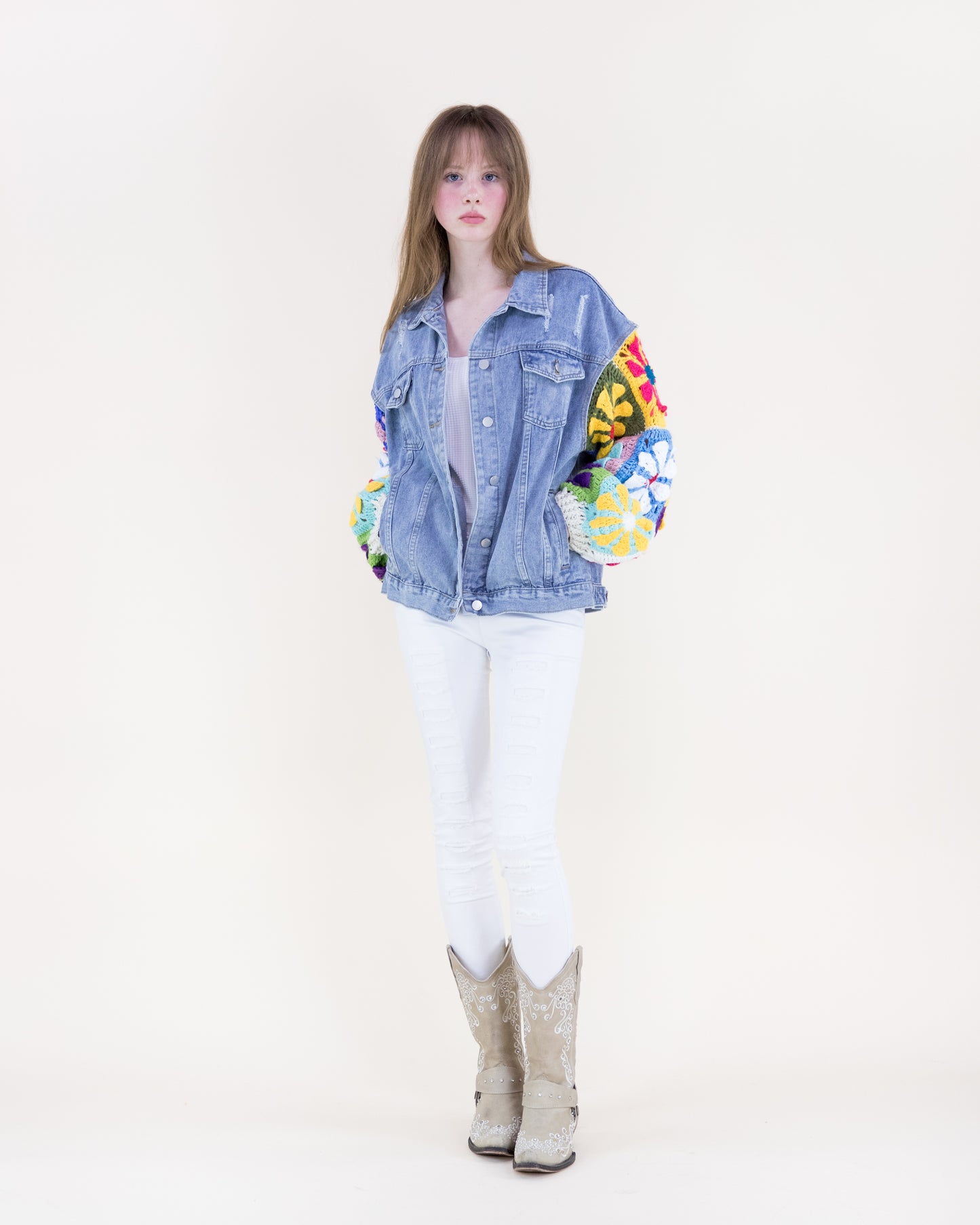 Groovy Handmade Daisy Sleeves Denim Jacket