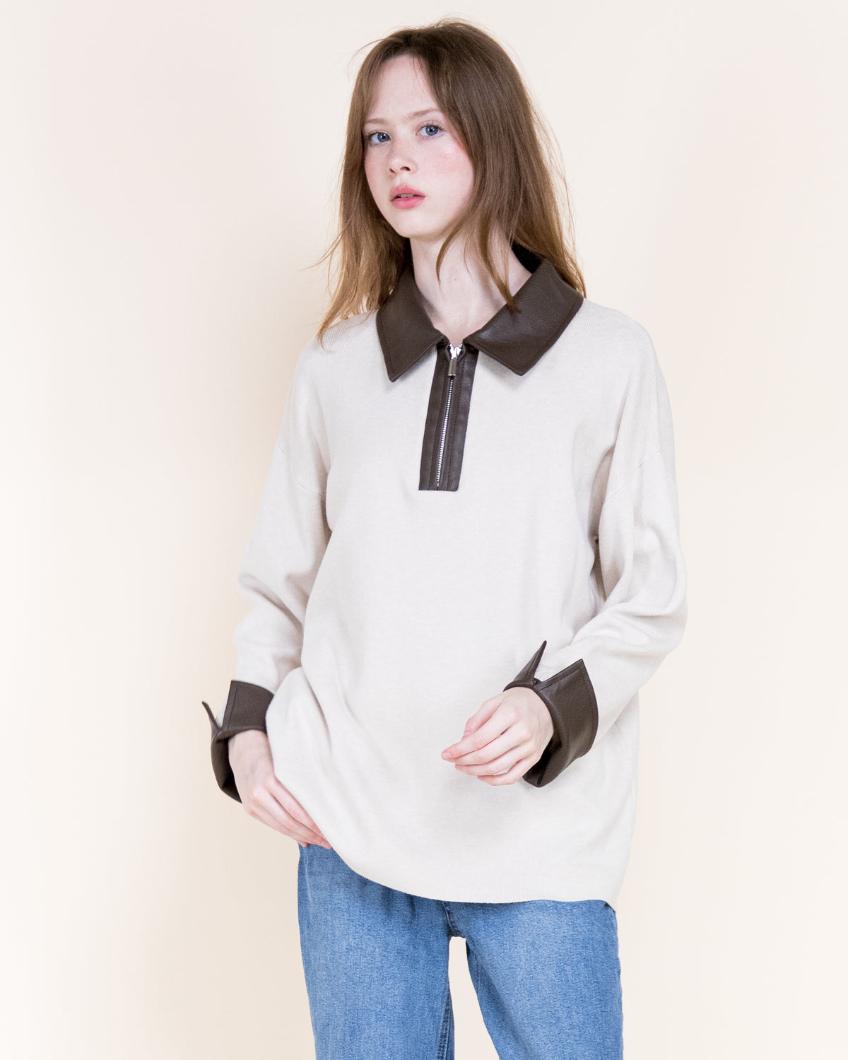 Woven Vegan Leather Trim Johnny Collar Luxe Polo