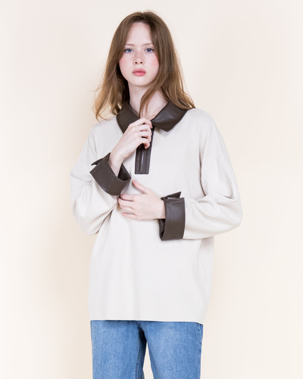 Woven Vegan Leather Trim Johnny Collar Luxe Polo