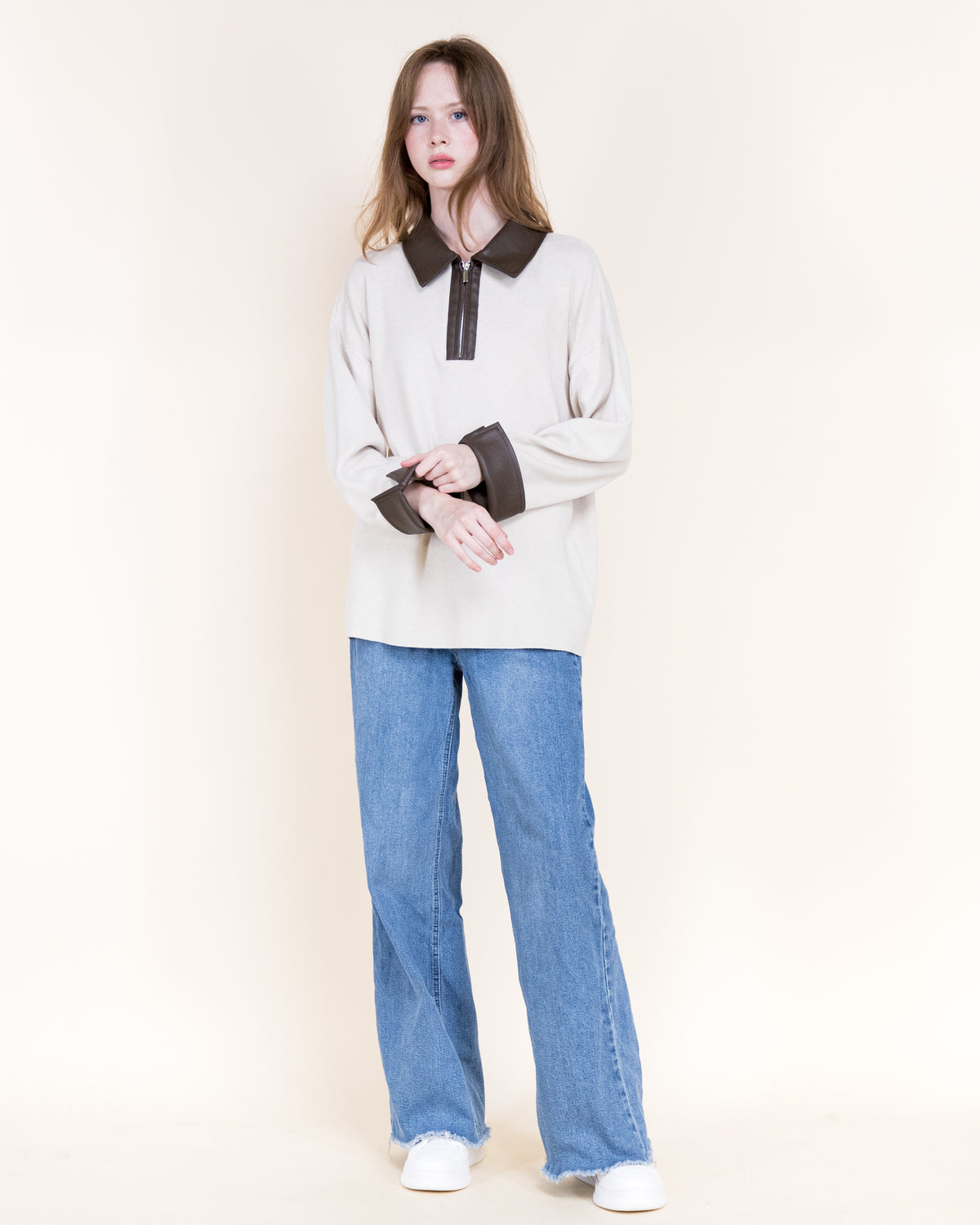 Woven Vegan Leather Trim Johnny Collar Luxe Polo