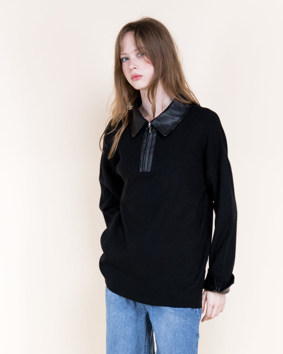 Woven Vegan Leather Trim Johnny Collar Luxe Polo