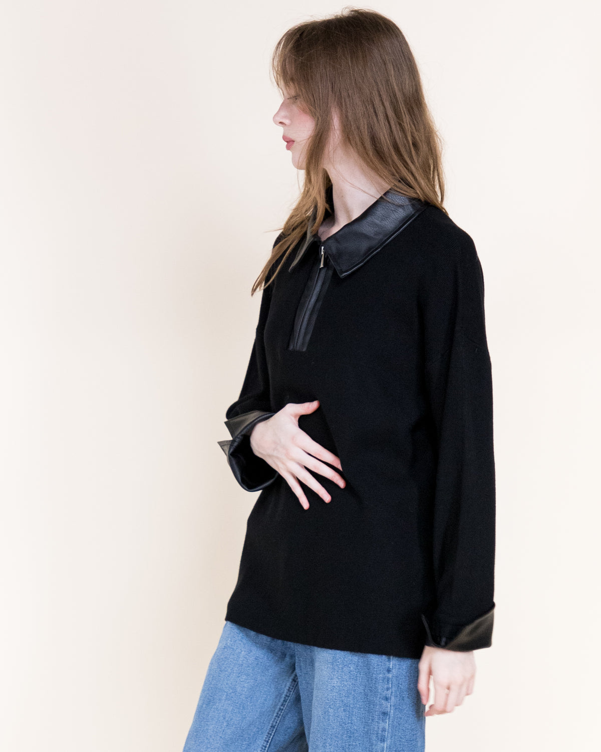 Woven Vegan Leather Trim Johnny Collar Luxe Polo