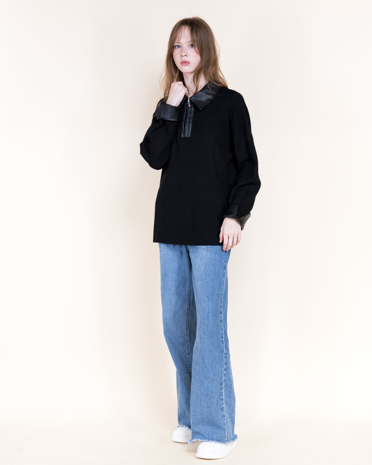 Woven Vegan Leather Trim Johnny Collar Luxe Polo