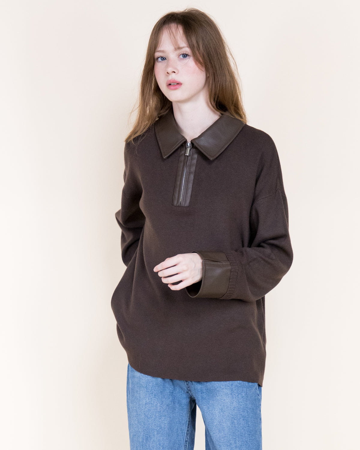 Woven Vegan Leather Trim Johnny Collar Luxe Polo