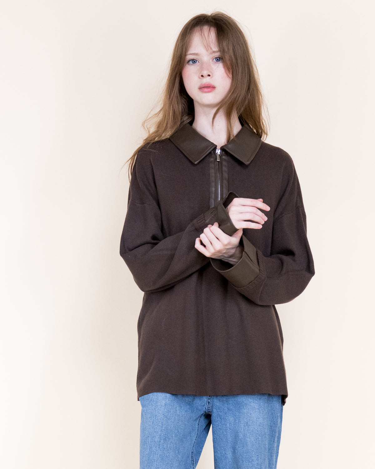 Woven Vegan Leather Trim Johnny Collar Luxe Polo