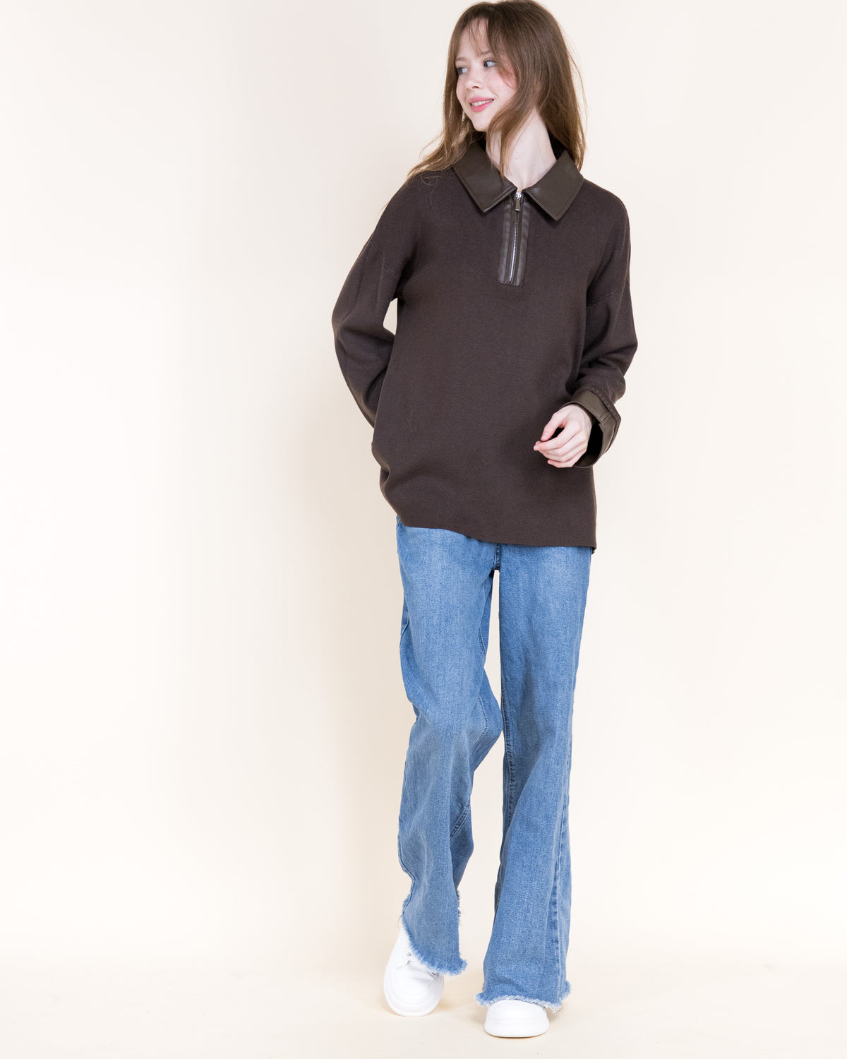 Woven Vegan Leather Trim Johnny Collar Luxe Polo