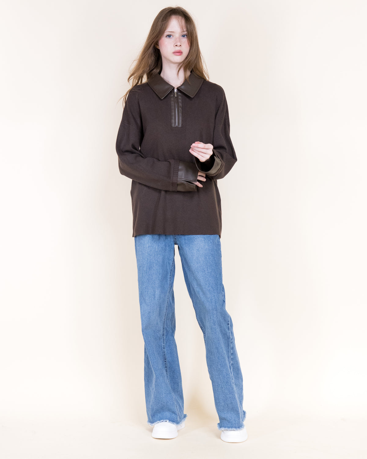 Woven Vegan Leather Trim Johnny Collar Luxe Polo
