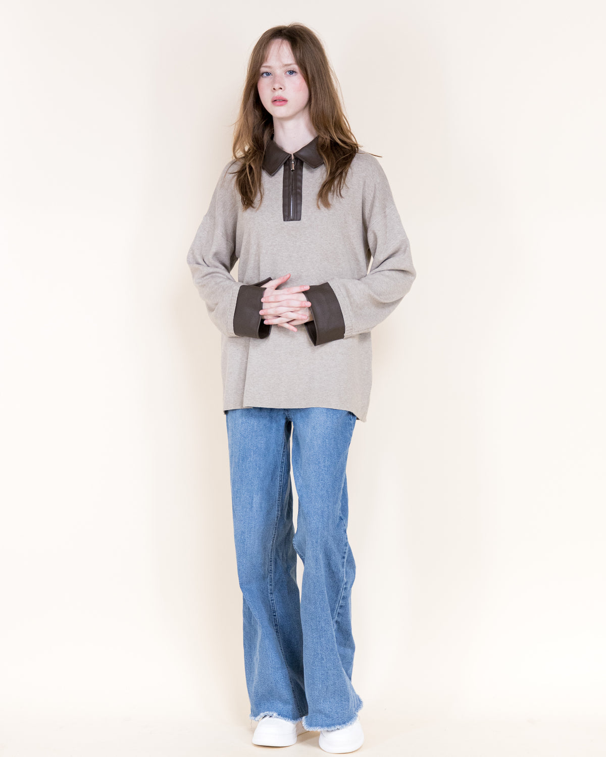 Woven Vegan Leather Trim Johnny Collar Luxe Polo