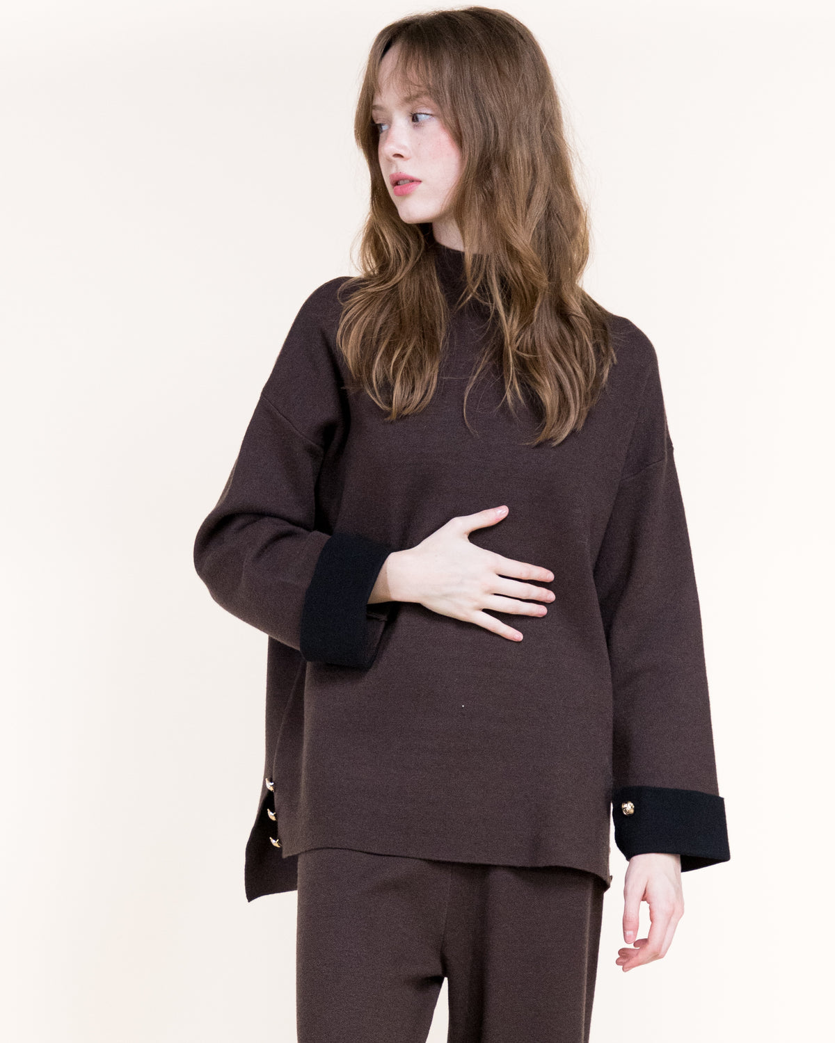 Atelier Button Detail Contrast Cuff Lounge Pullover Sweater