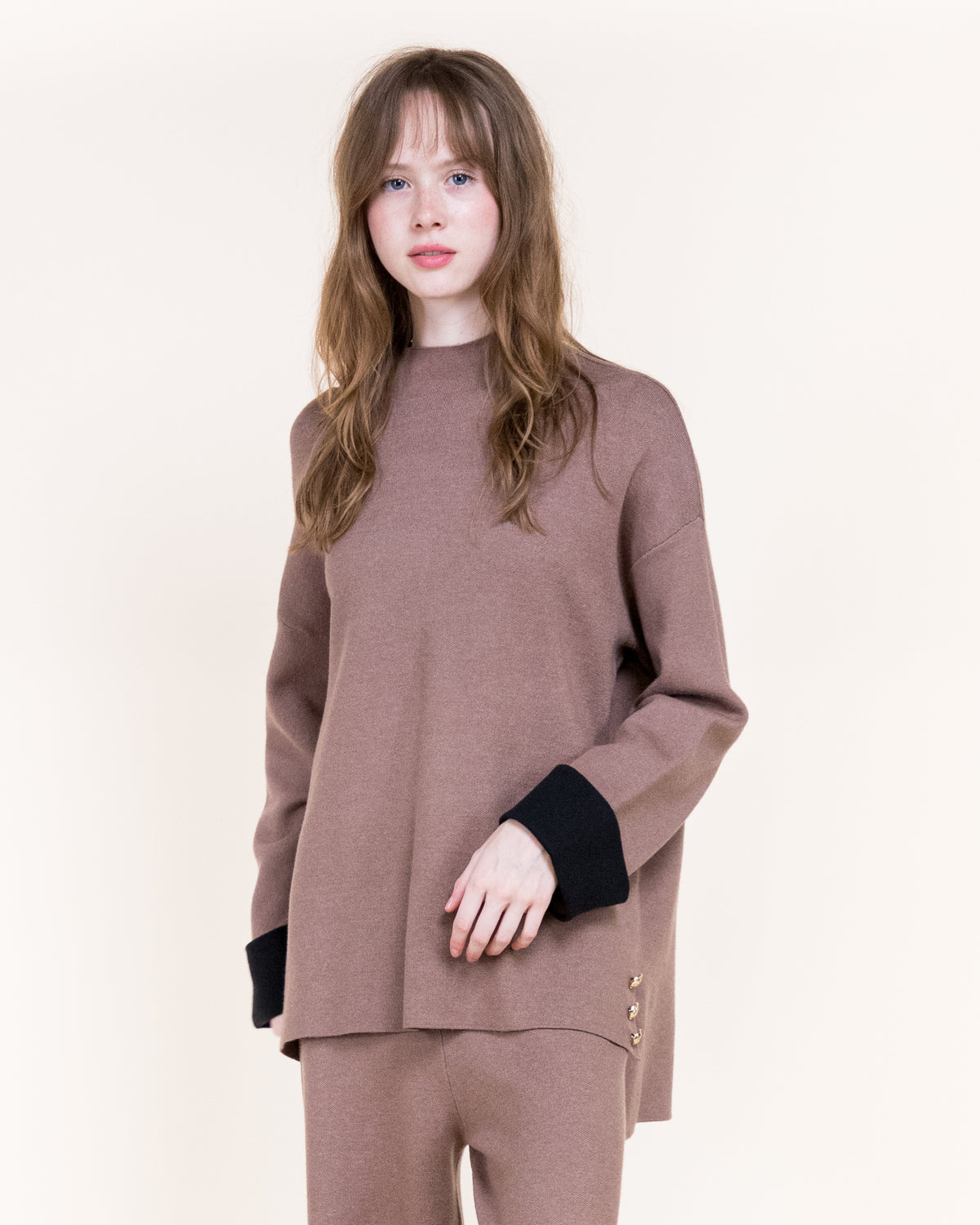Atelier Button Detail Contrast Cuff Lounge Pullover Sweater