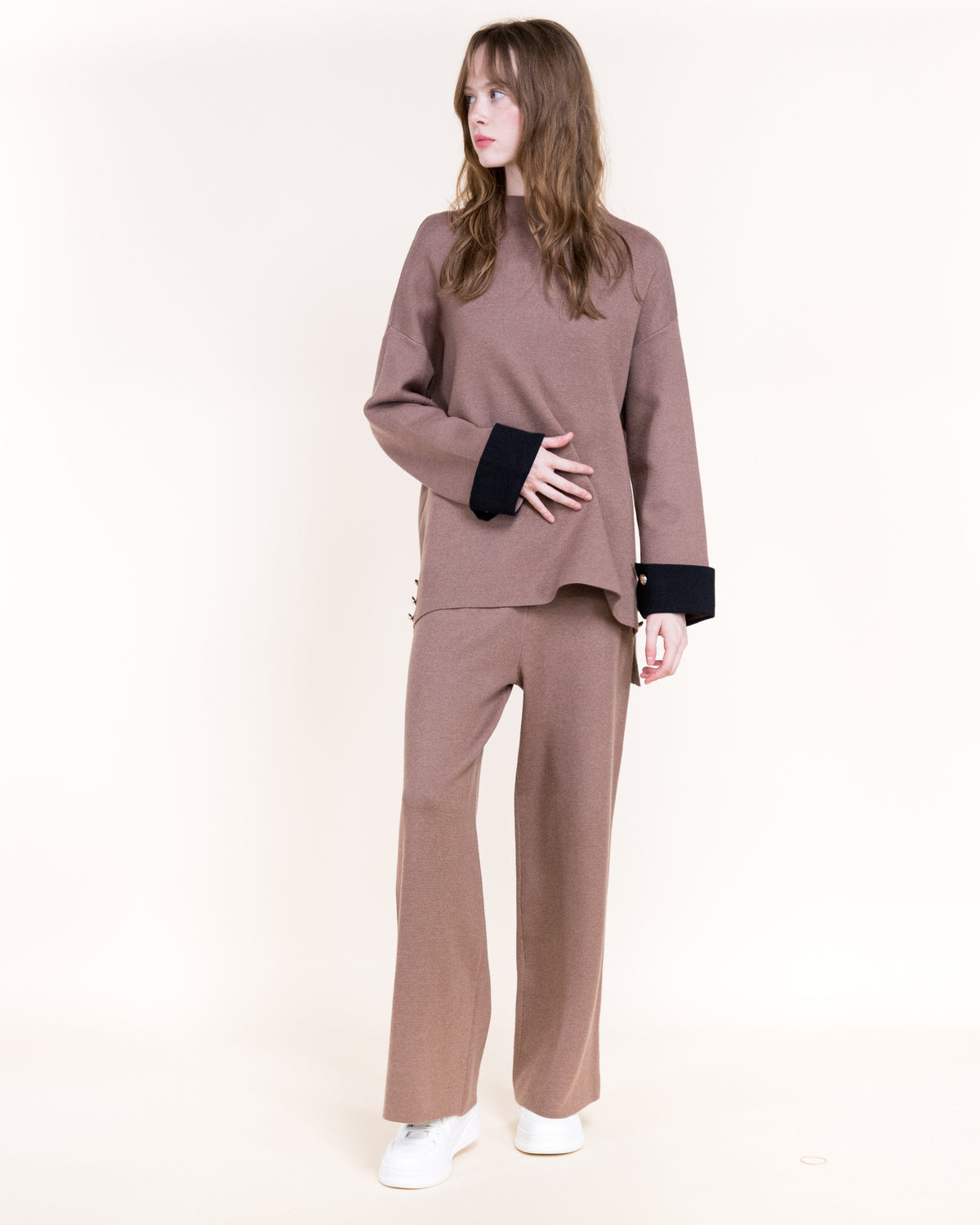 Atelier Button Detail Contrast Cuff Lounge Pullover Sweater