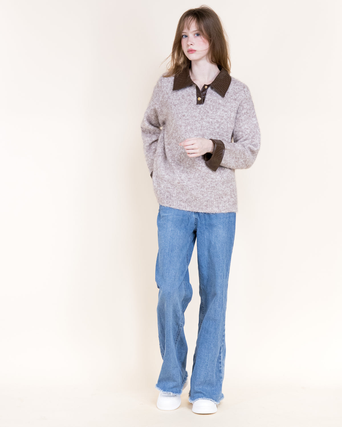 Woven Vegan Leather Trim Luxe Polo Sweater