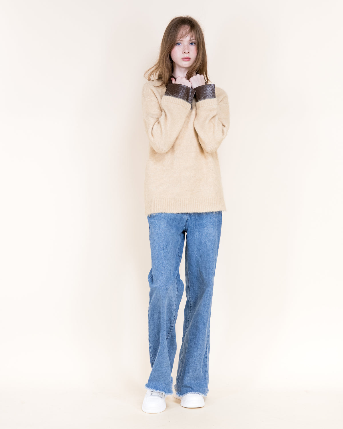 Woven Vegan Leather Trim Luxe Polo Sweater