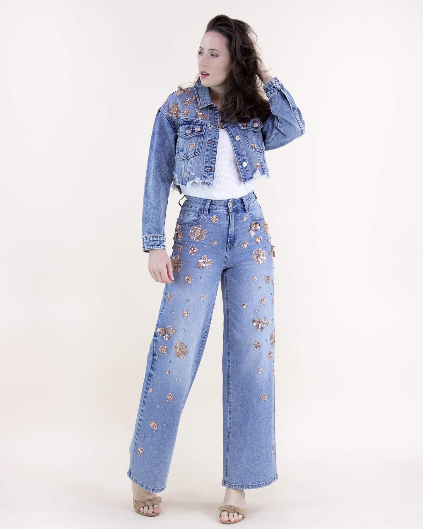 Floral Embellished Acid Wash High Rise Wide Leg Jeans