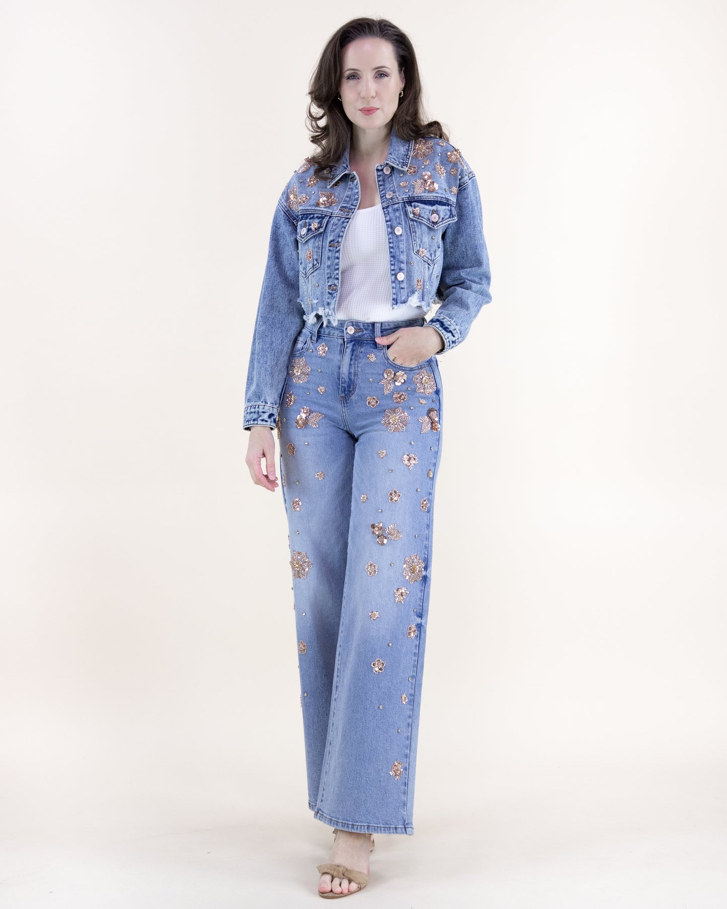 Floral Embellished Acid Wash Cropped Denim Jacket