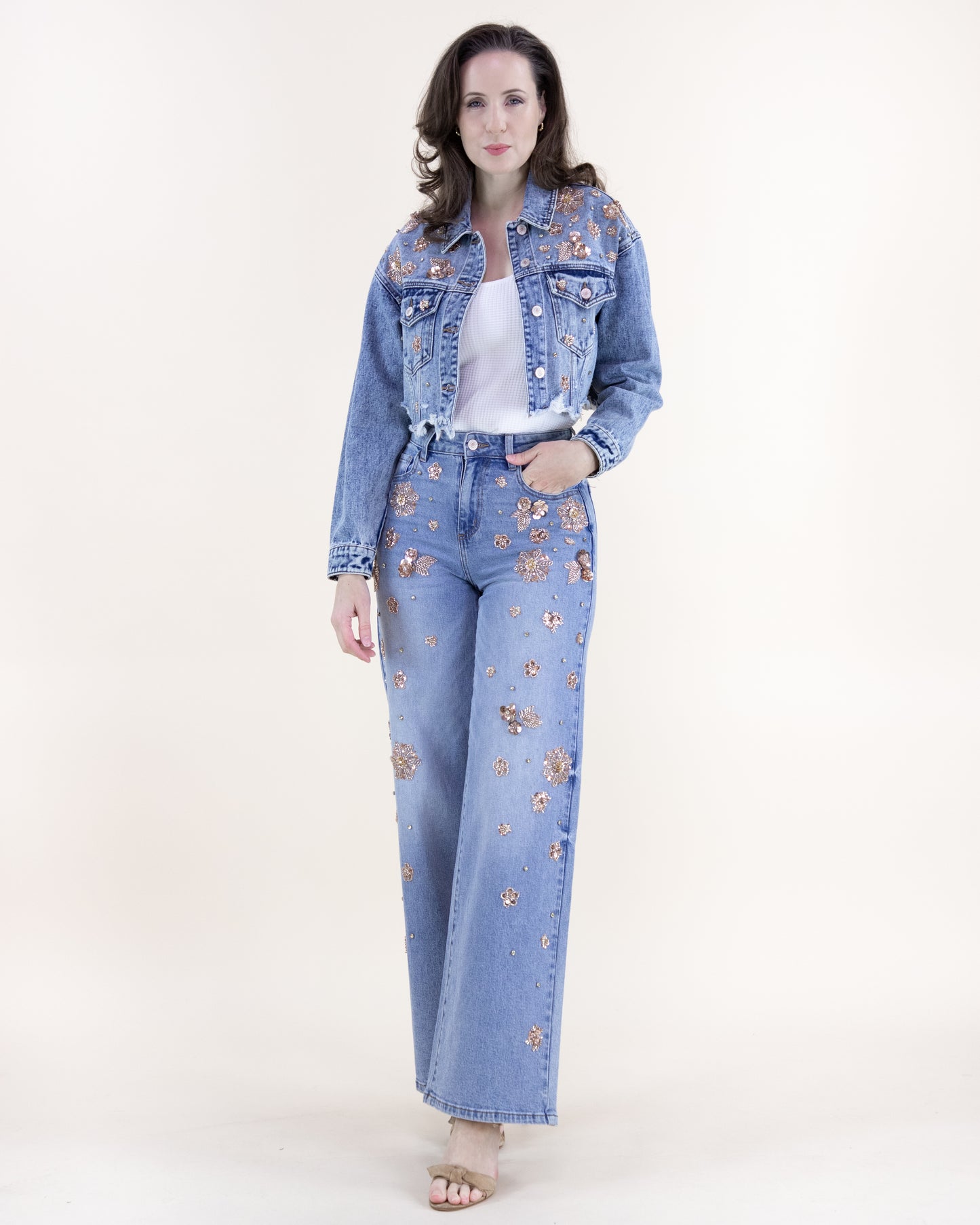 Floral Embellished Acid Wash High Rise Wide Leg Jeans