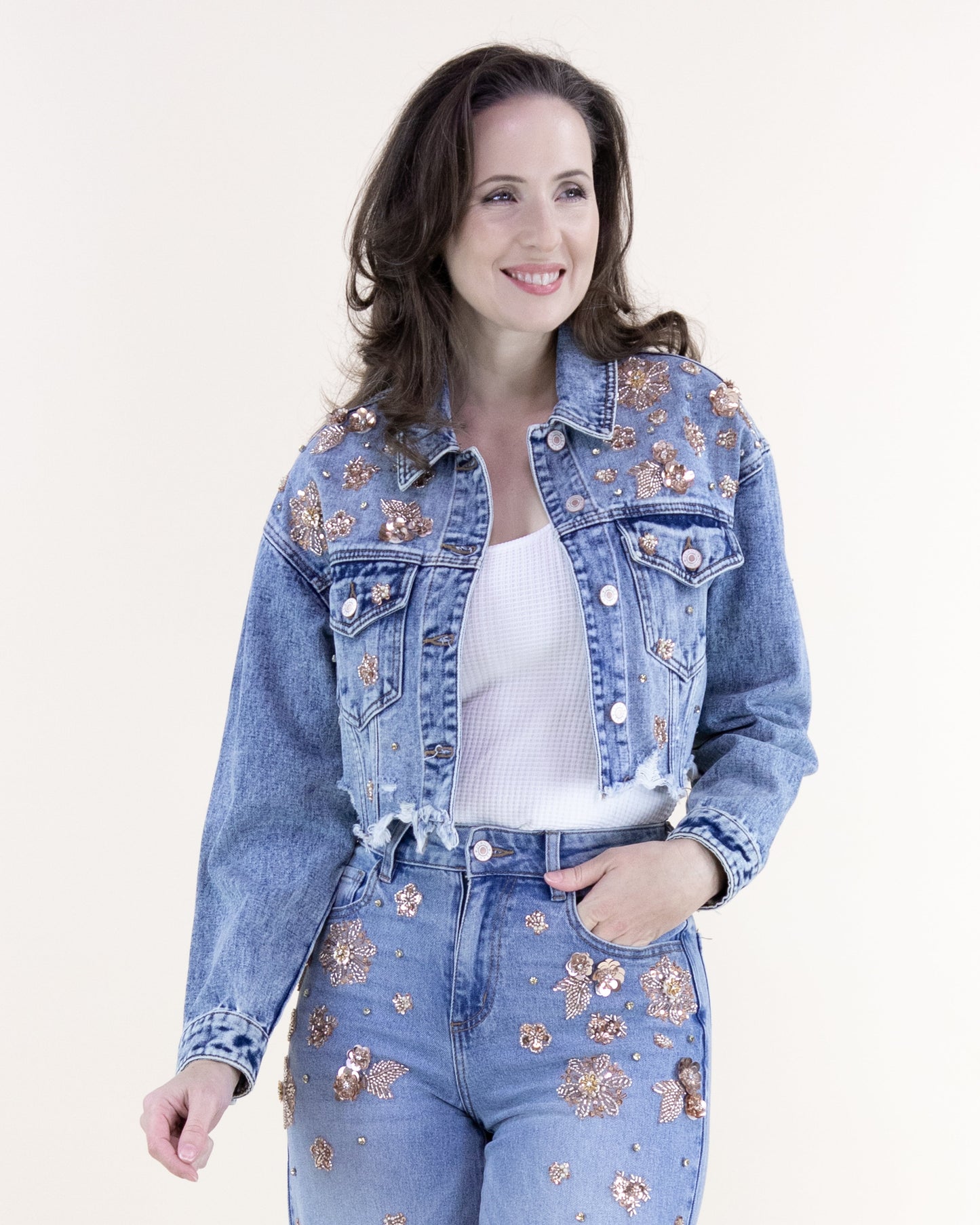 Floral Embellished Acid Wash Cropped Denim Jacket