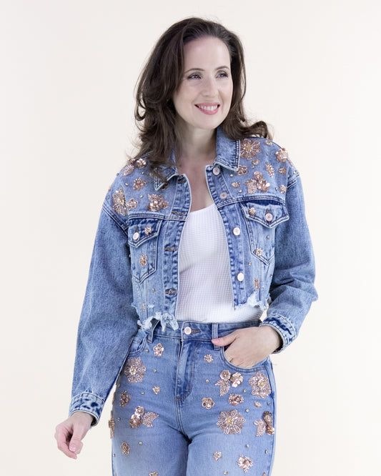 Floral Embellished Acid Wash Cropped Denim Jacket