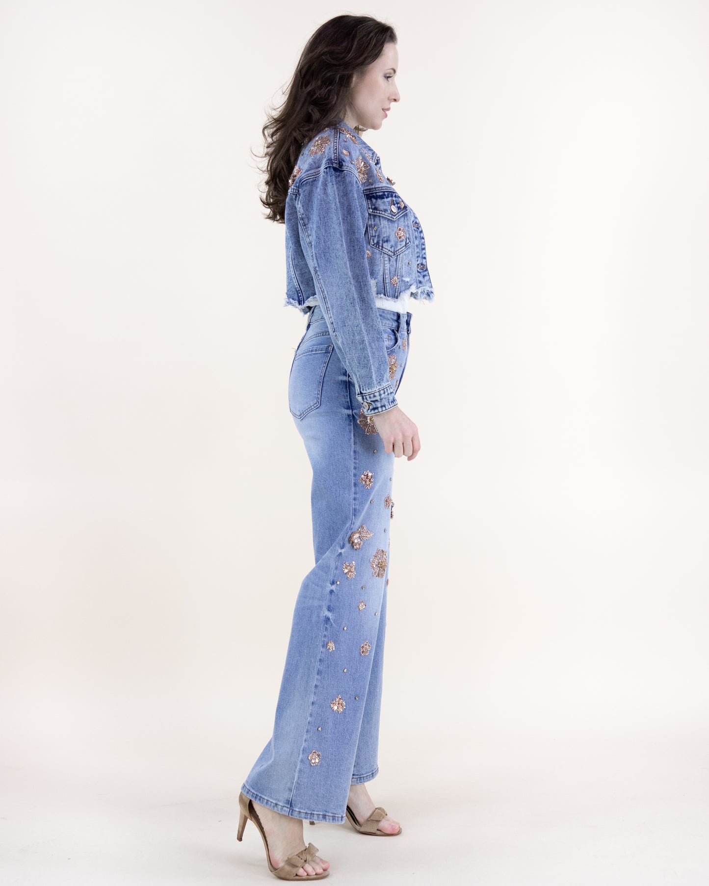 Floral Embellished Acid Wash High Rise Wide Leg Jeans