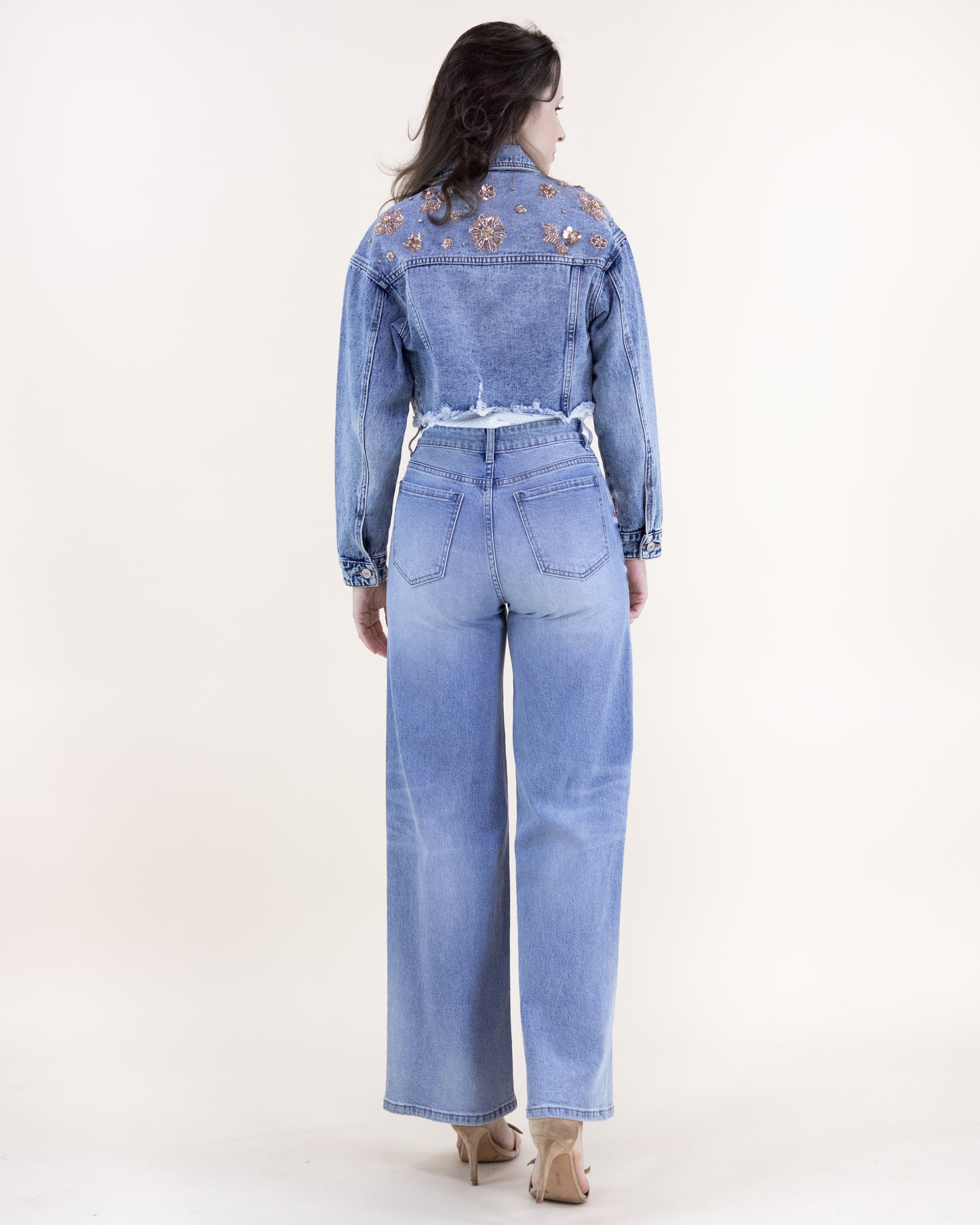 Floral Embellished Acid Wash Cropped Denim Jacket