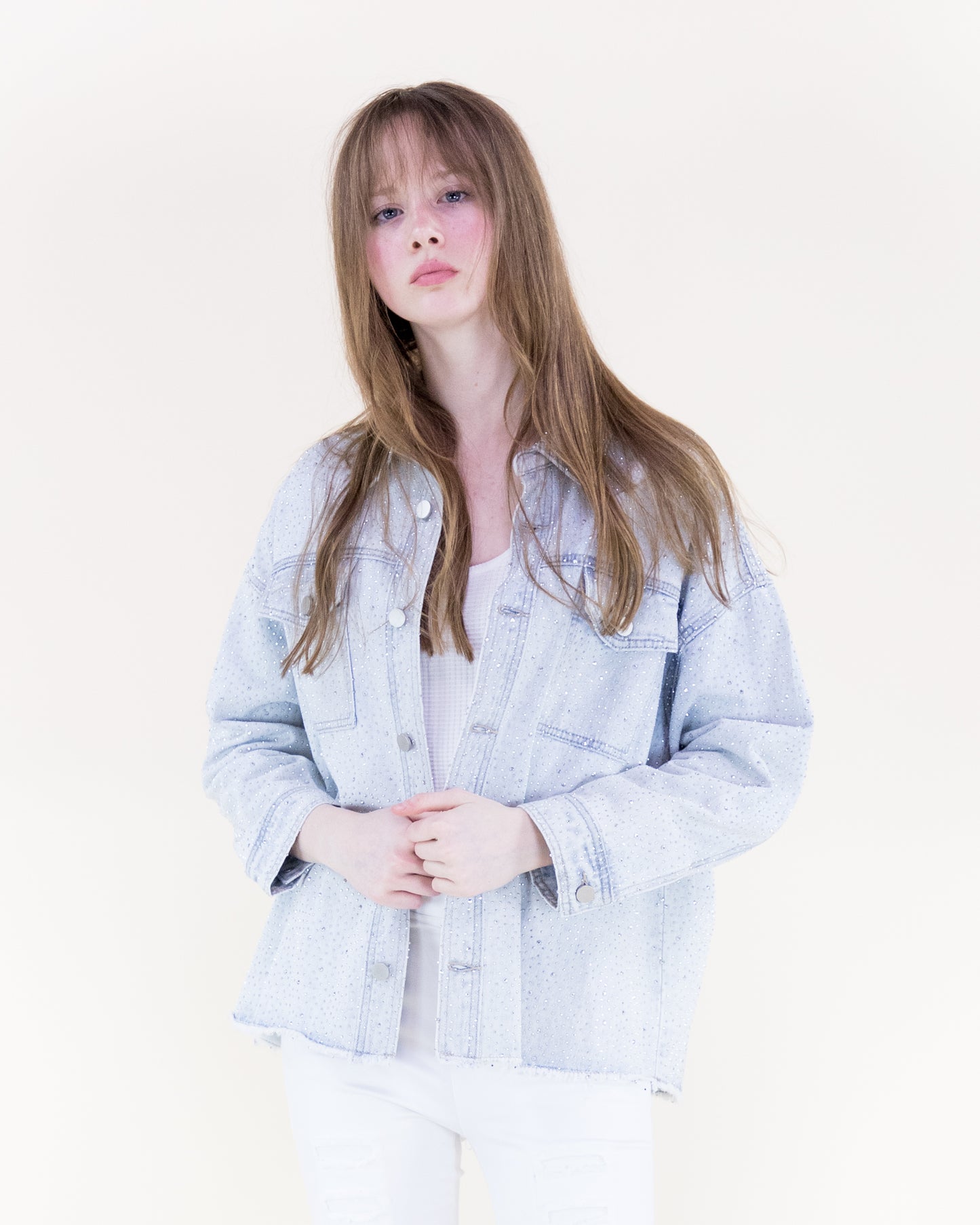 Small Rhinestone Embellished Light Wash Denim Shirt