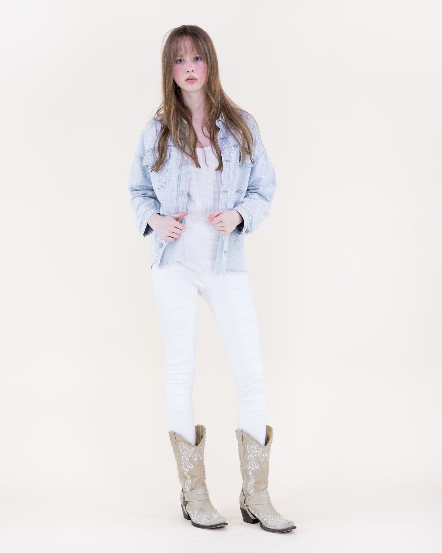 Small Rhinestone Embellished Light Wash Denim Shirt
