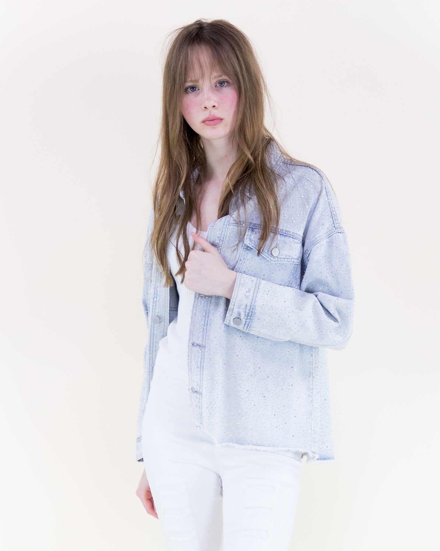 Small Rhinestone Embellished Light Wash Denim Shirt