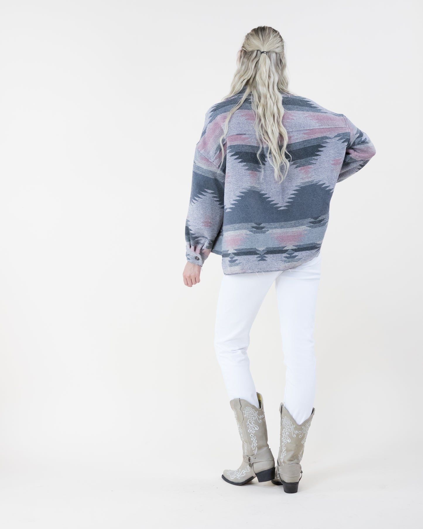 Southwestern Print Shacket w/ Front Pockets & Fray Trim - (S/M, L/XL)