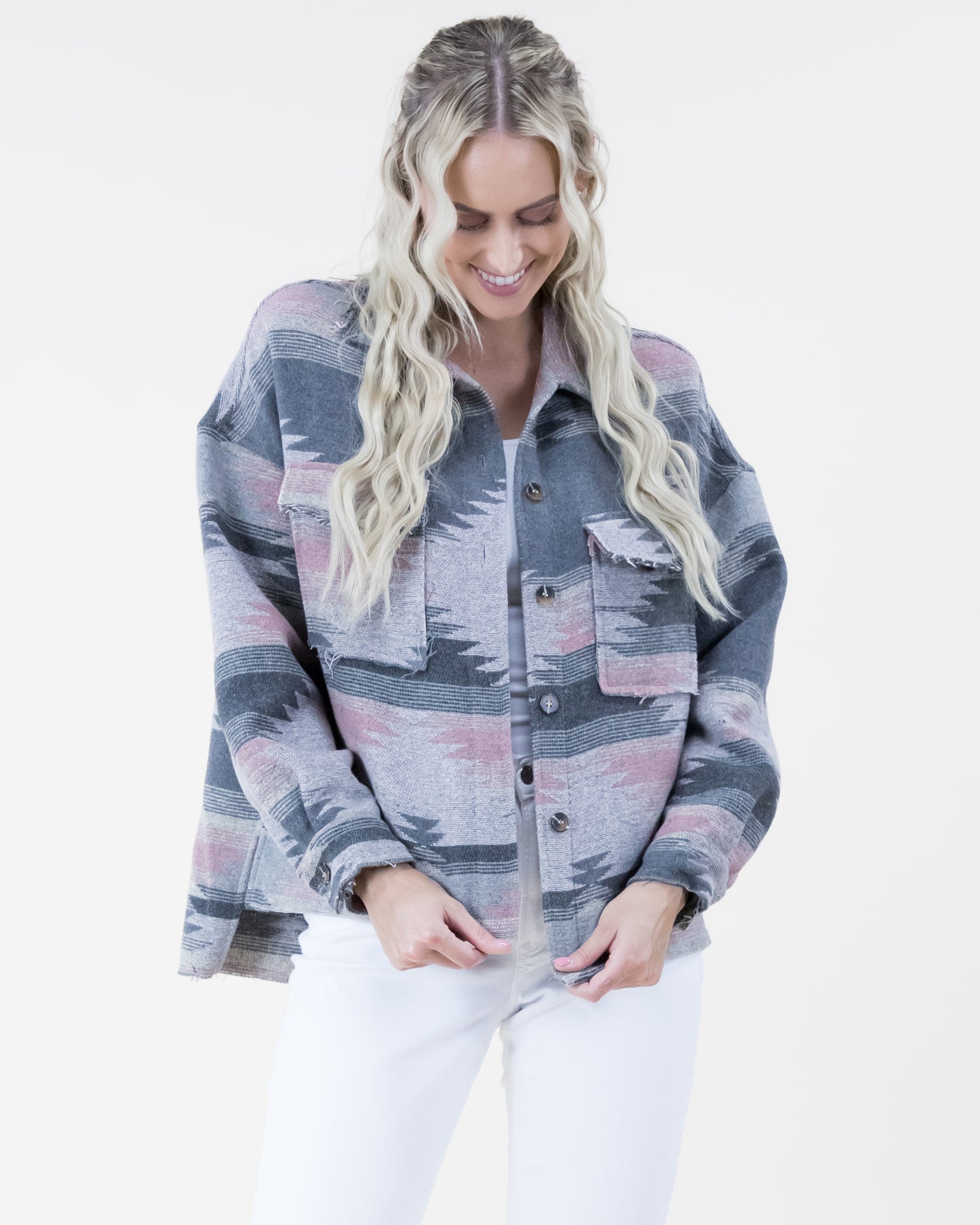 Southwestern Print Shacket w/ Front Pockets & Fray Trim - (S/M, L/XL)
