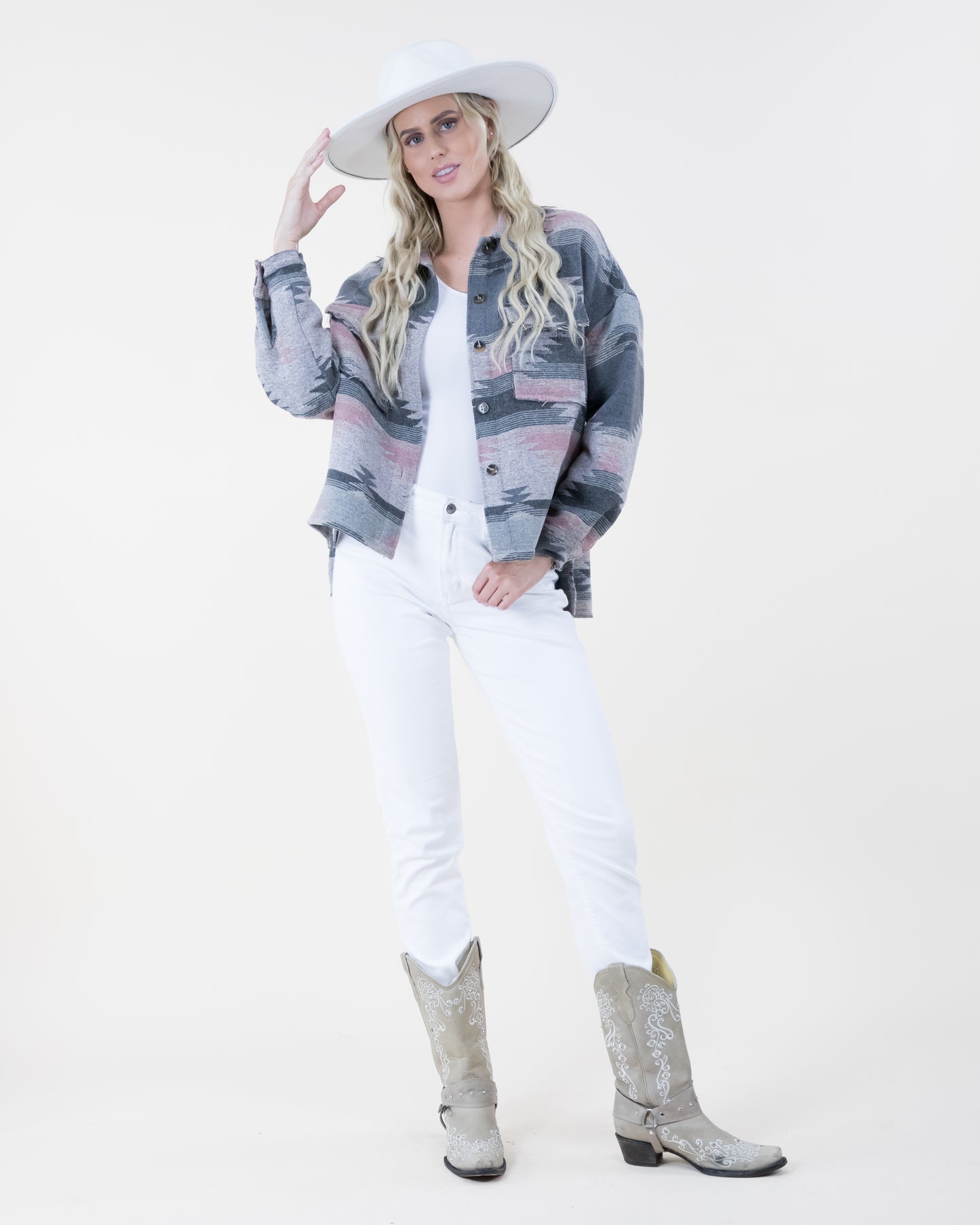 Southwestern Print Shacket w/ Front Pockets & Fray Trim - (S/M, L/XL)
