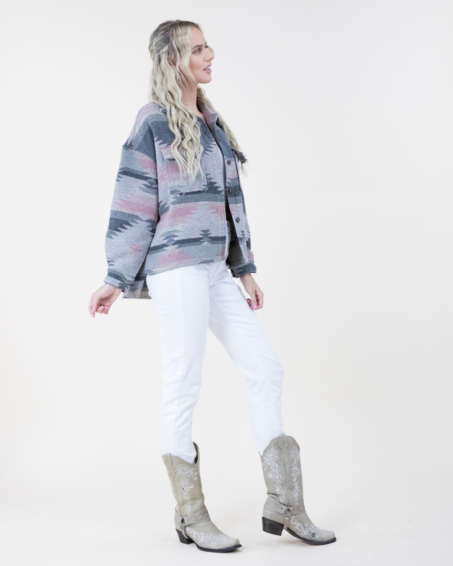 Southwestern Print Shacket w/ Front Pockets & Fray Trim - (S/M, L/XL)