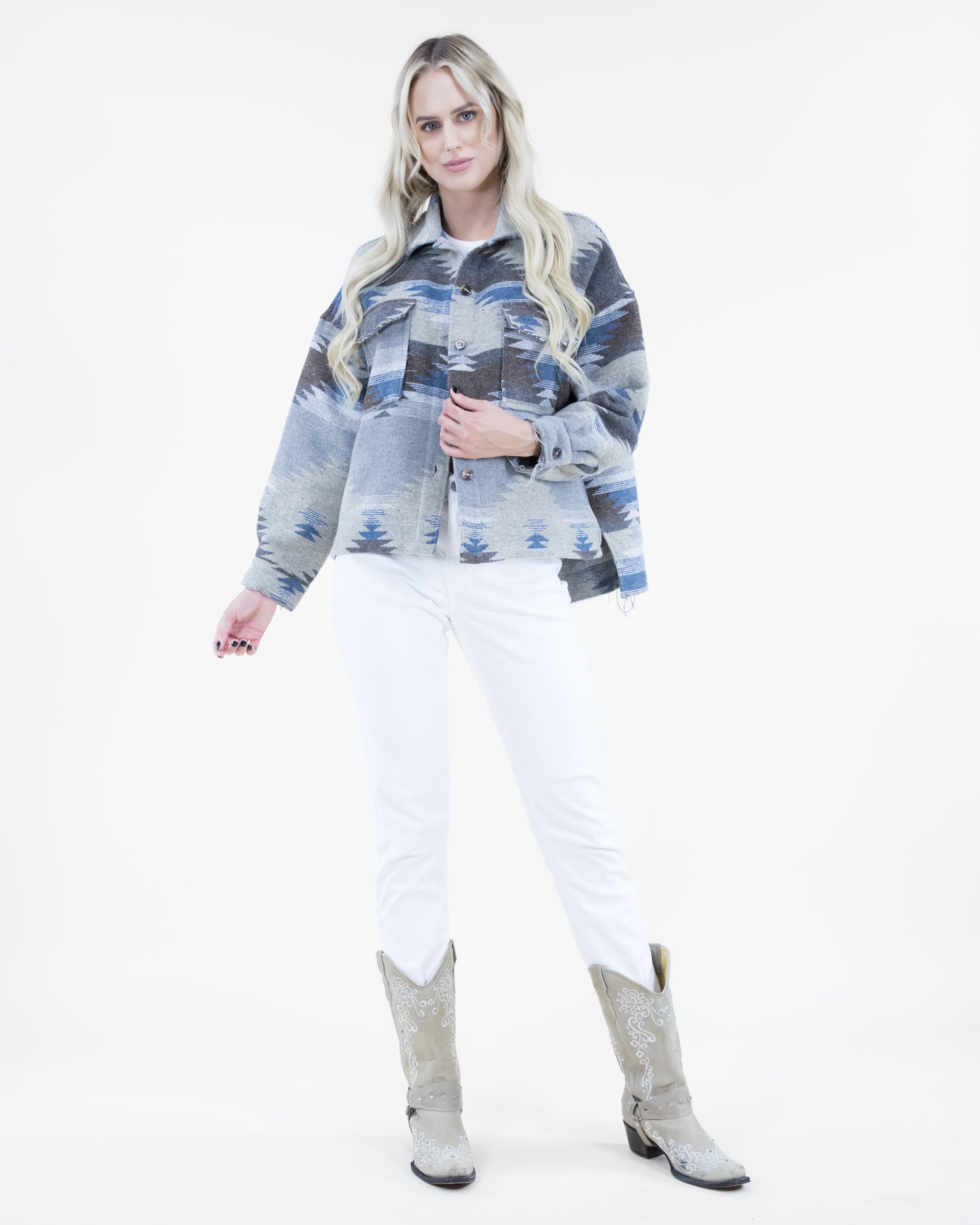 Southwestern Print Shacket w/ Front Pockets & Fray Trim - (S/M, L/XL)