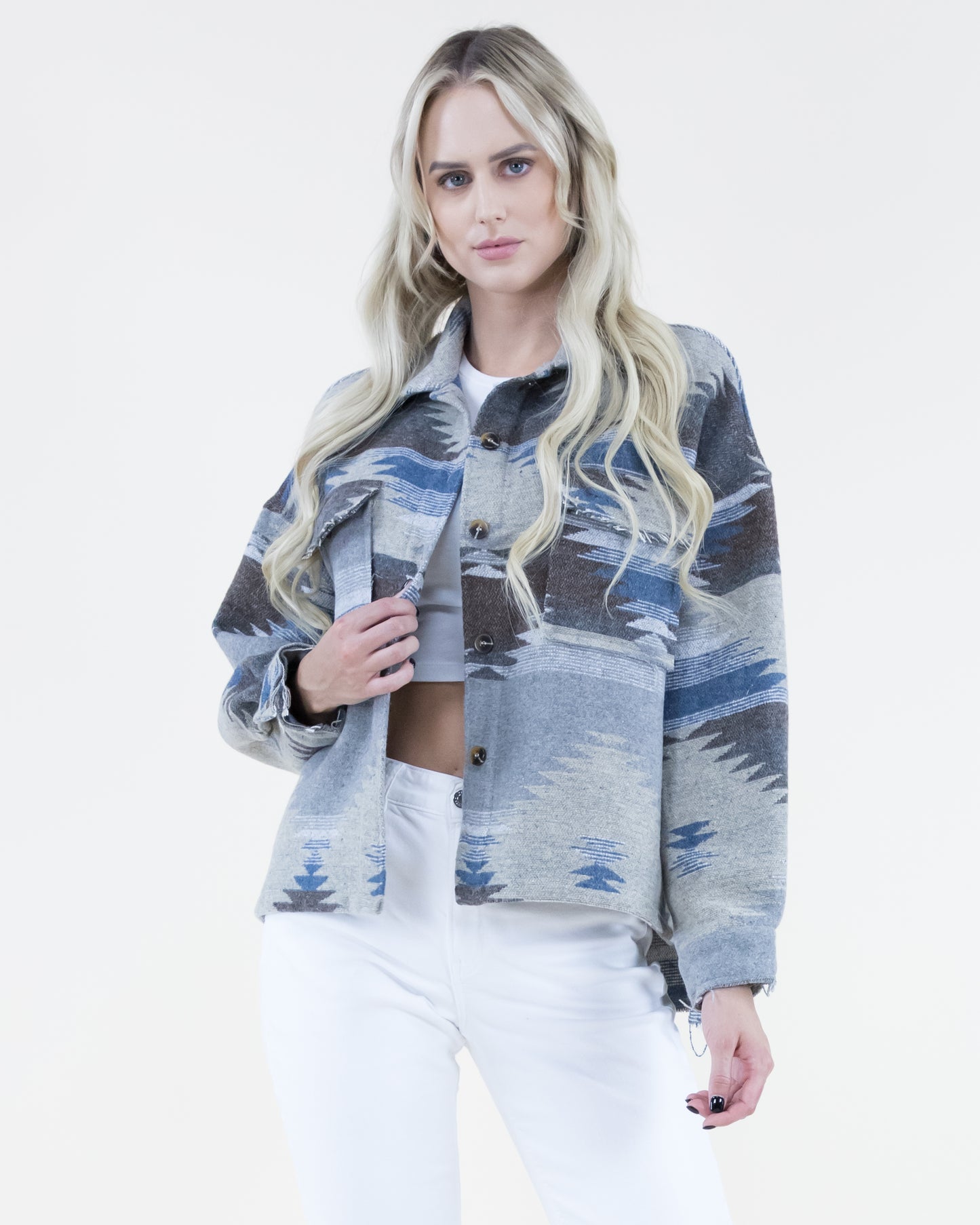 Southwestern Print Shacket w/ Front Pockets & Fray Trim - (S/M, L/XL)