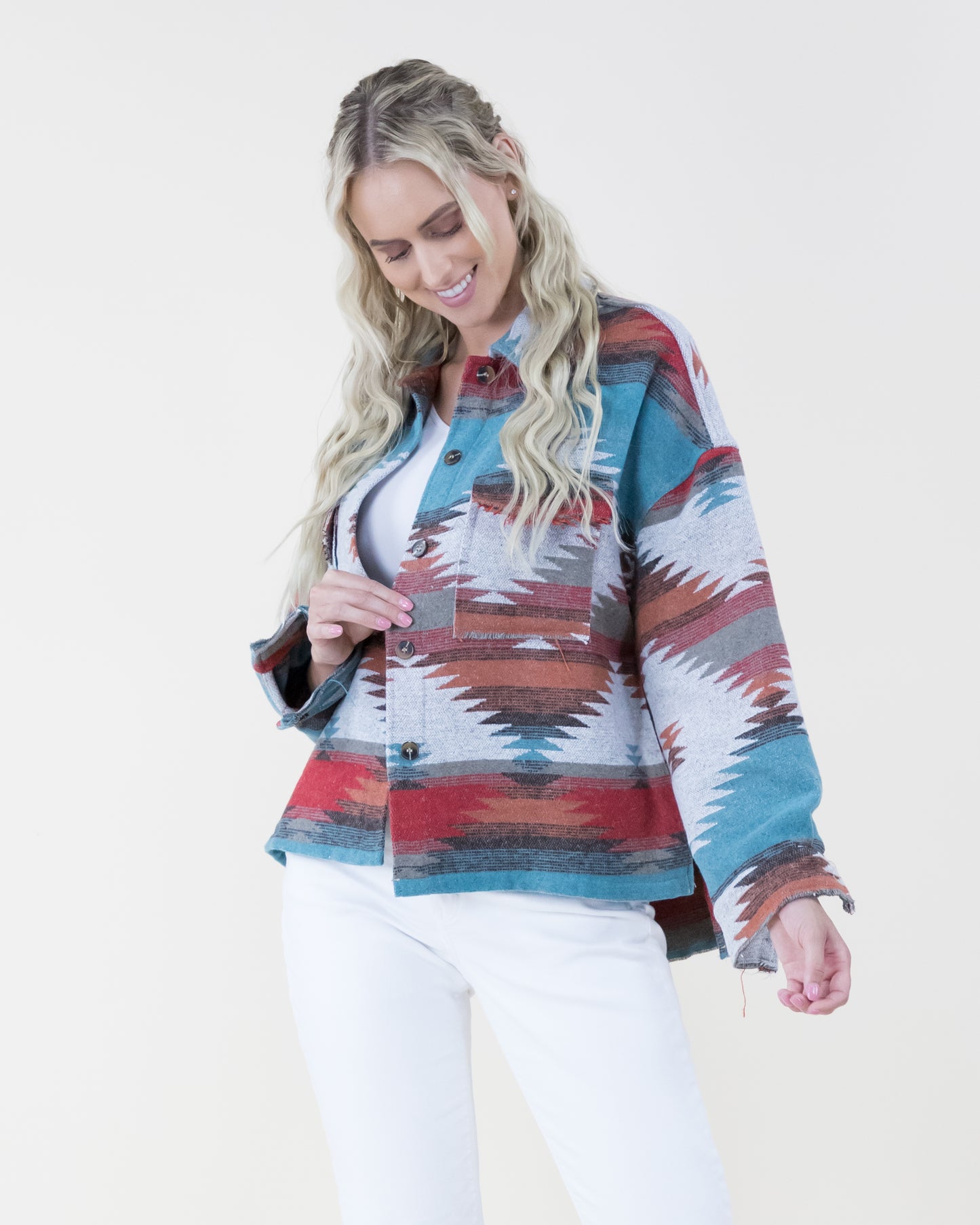Southwestern Print Shacket w/ Front Pockets & Fray Trim - (S/M, L/XL)