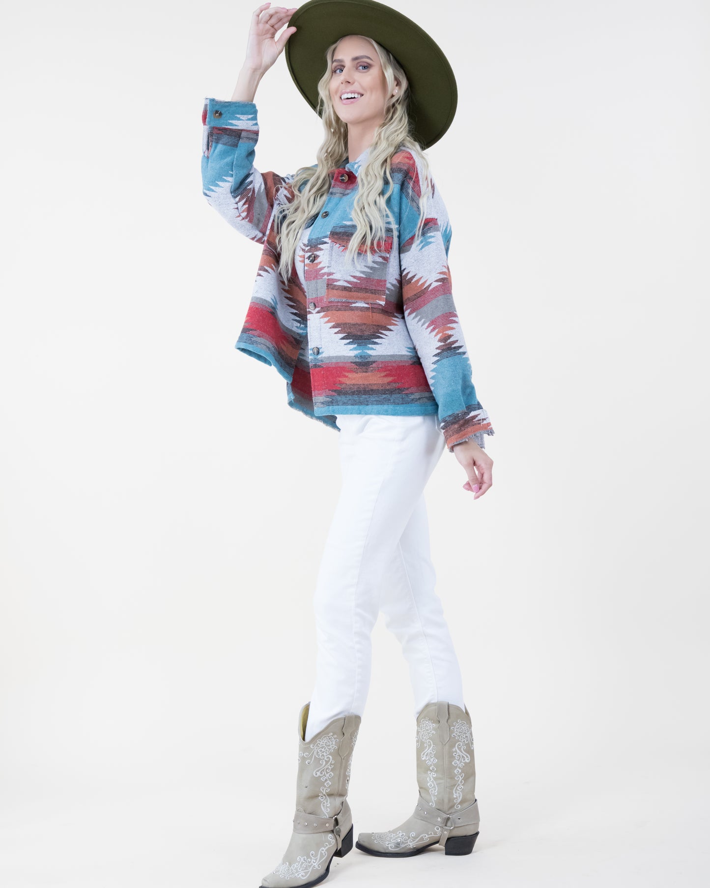 Southwestern Print Shacket w/ Front Pockets & Fray Trim - (S/M, L/XL)