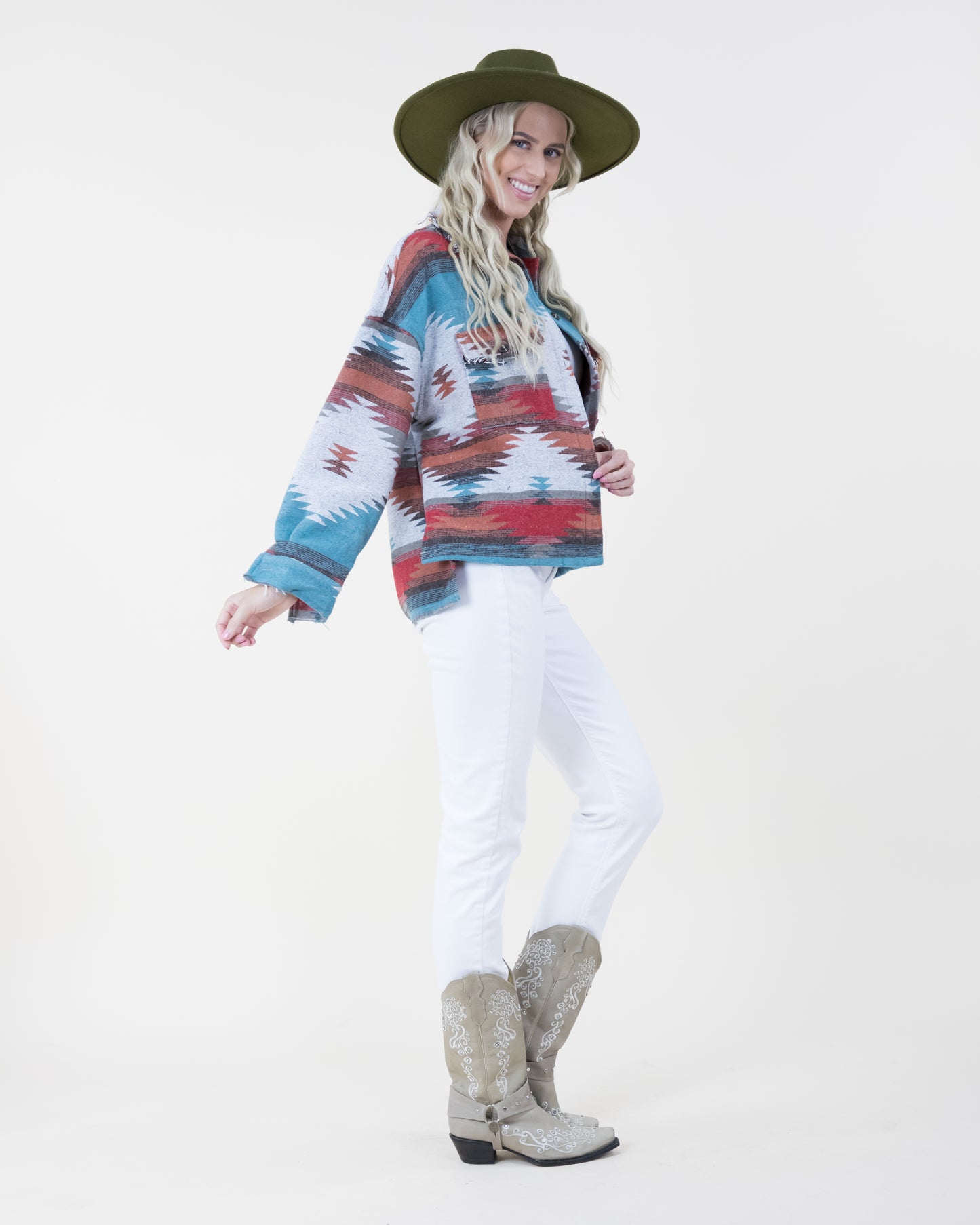 Southwestern Print Shacket w/ Front Pockets & Fray Trim - (S/M, L/XL)
