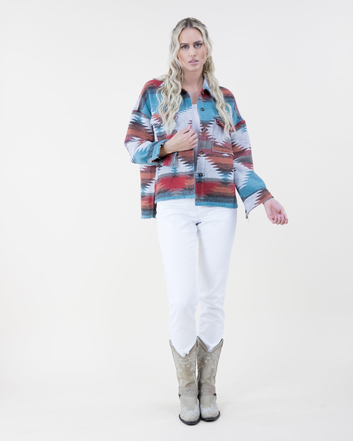 Southwestern Print Shacket w/ Front Pockets & Fray Trim - (S/M, L/XL)