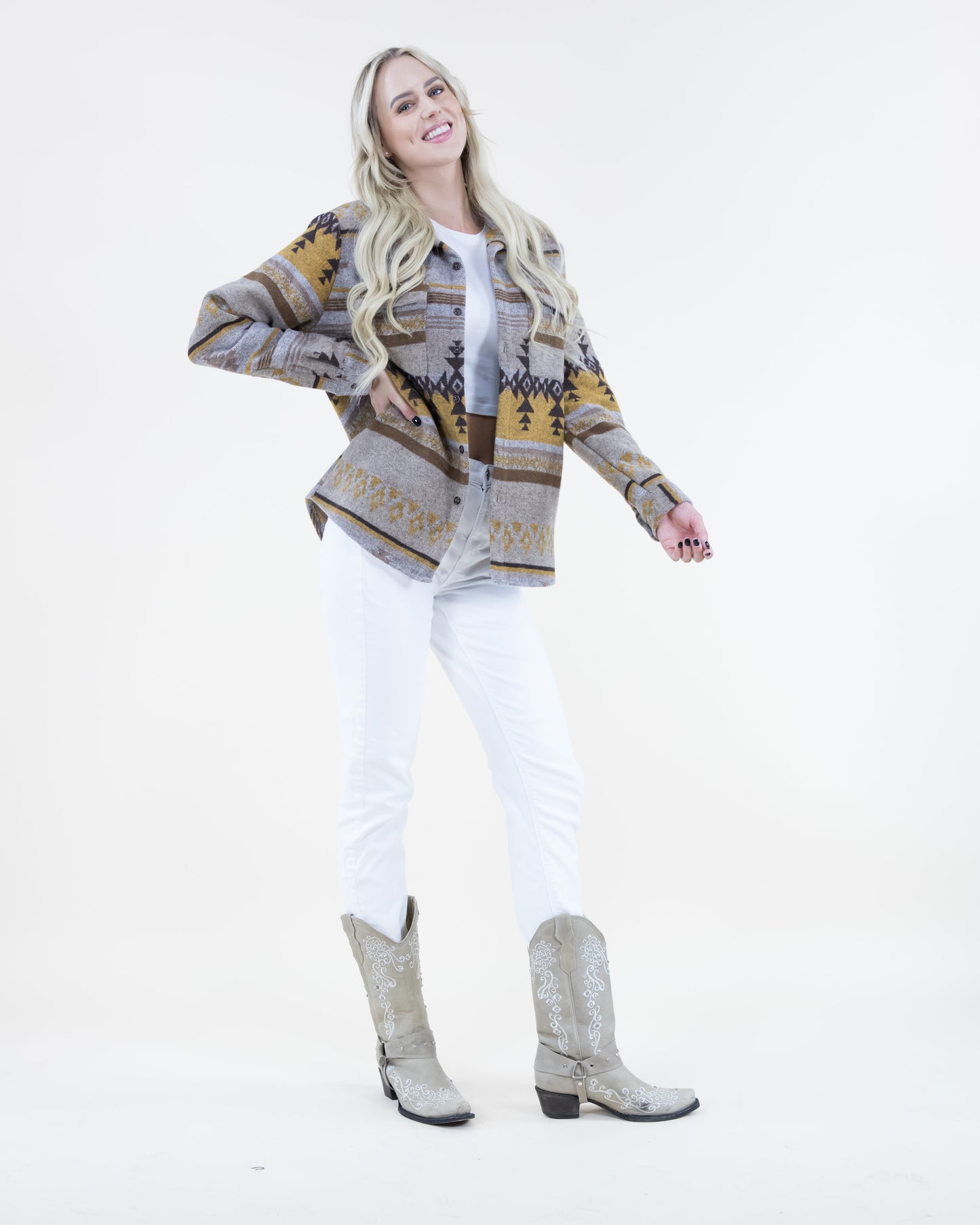 Aztec Print Shacket w/ Front Pockets & Buttons