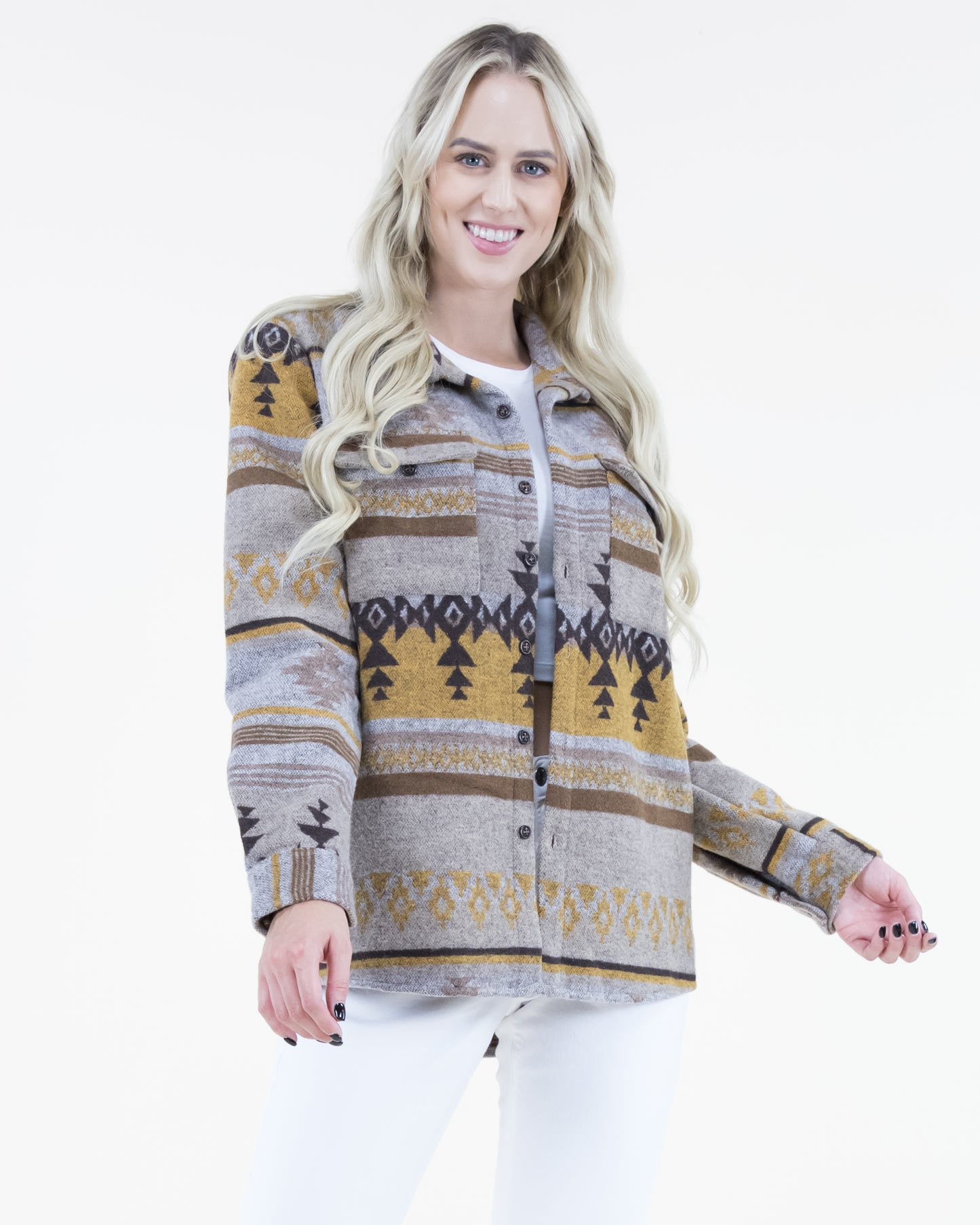 Aztec Print Shacket w/ Front Pockets & Buttons