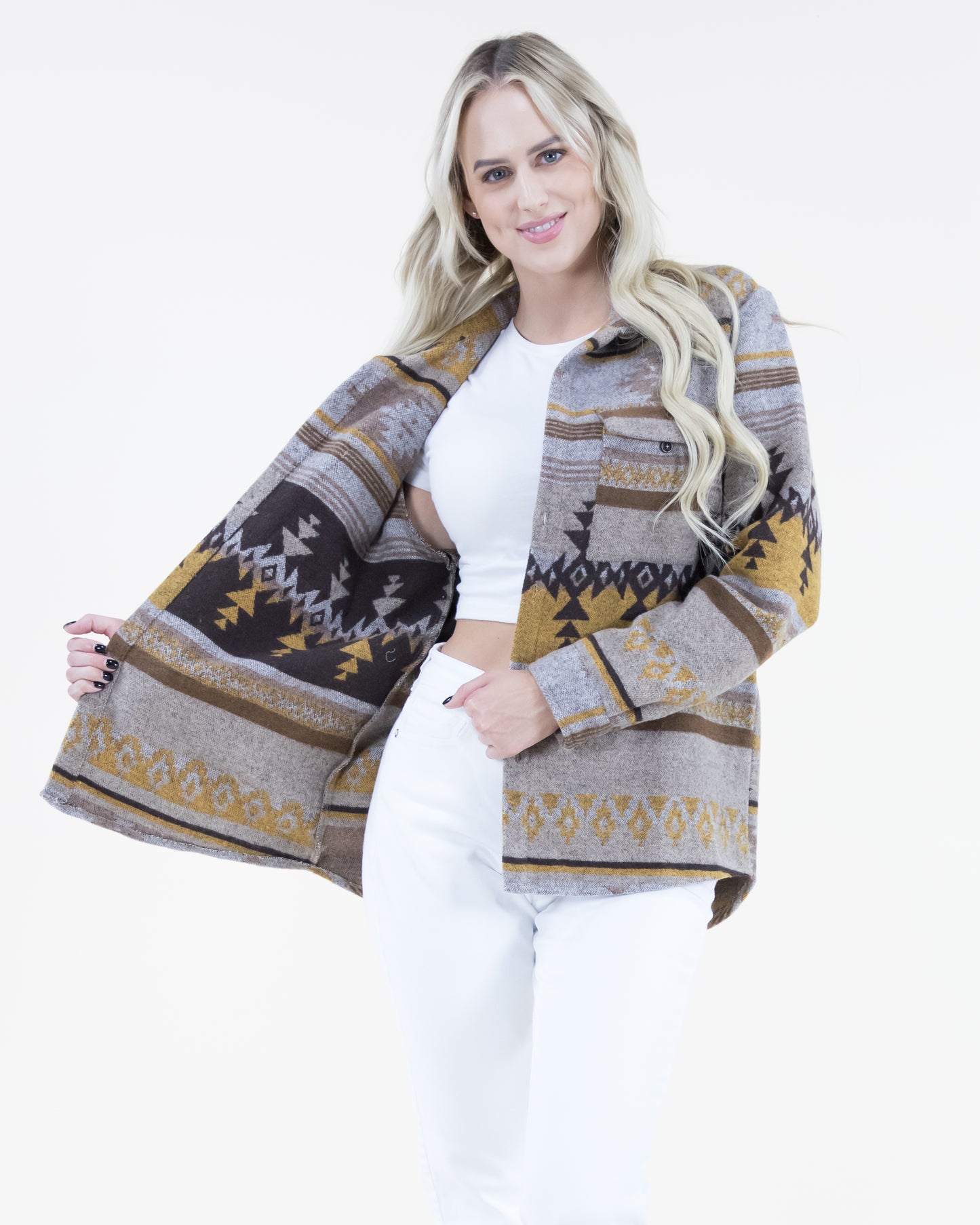 Aztec Print Shacket w/ Front Pockets & Buttons
