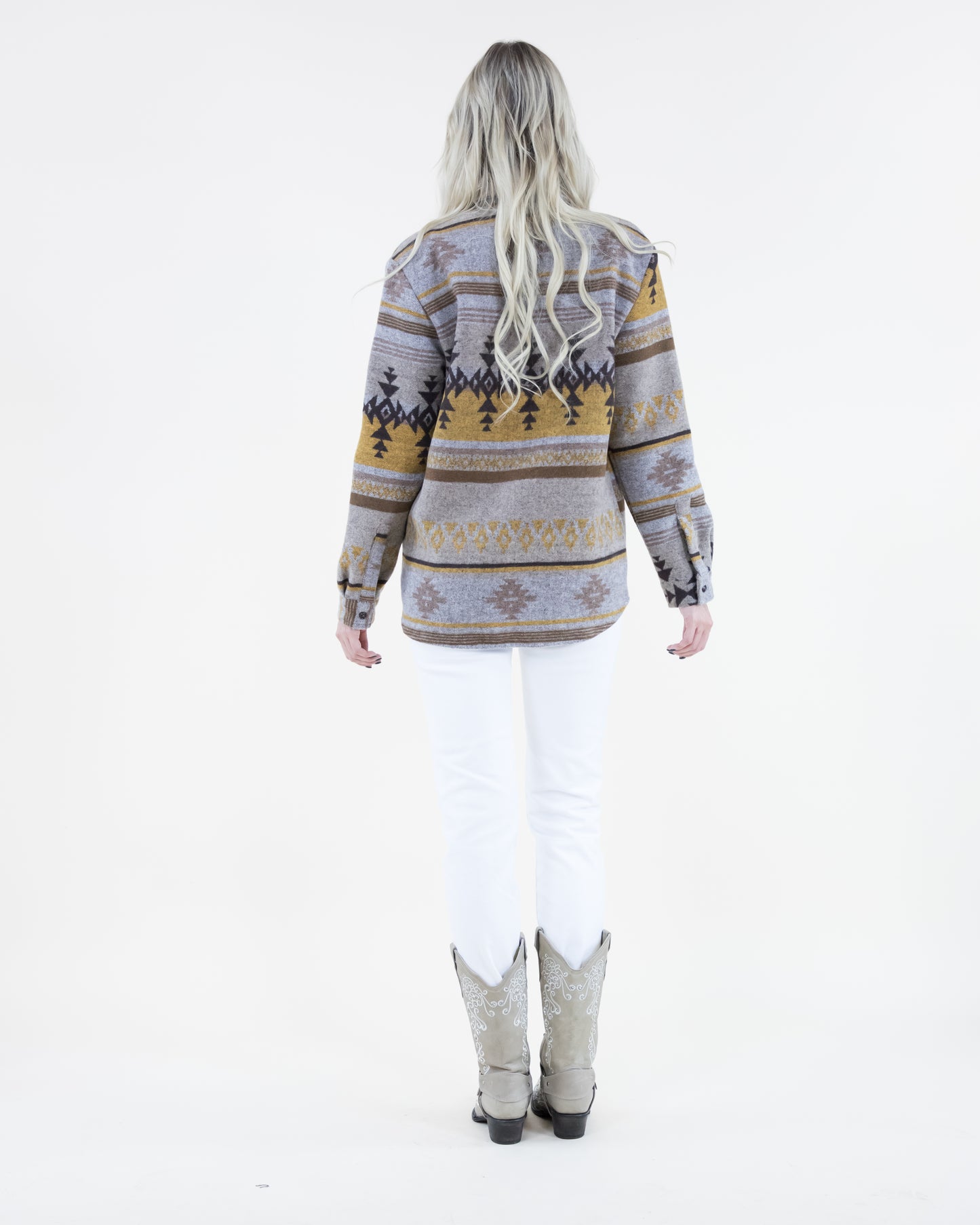 Aztec Print Shacket w/ Front Pockets & Buttons