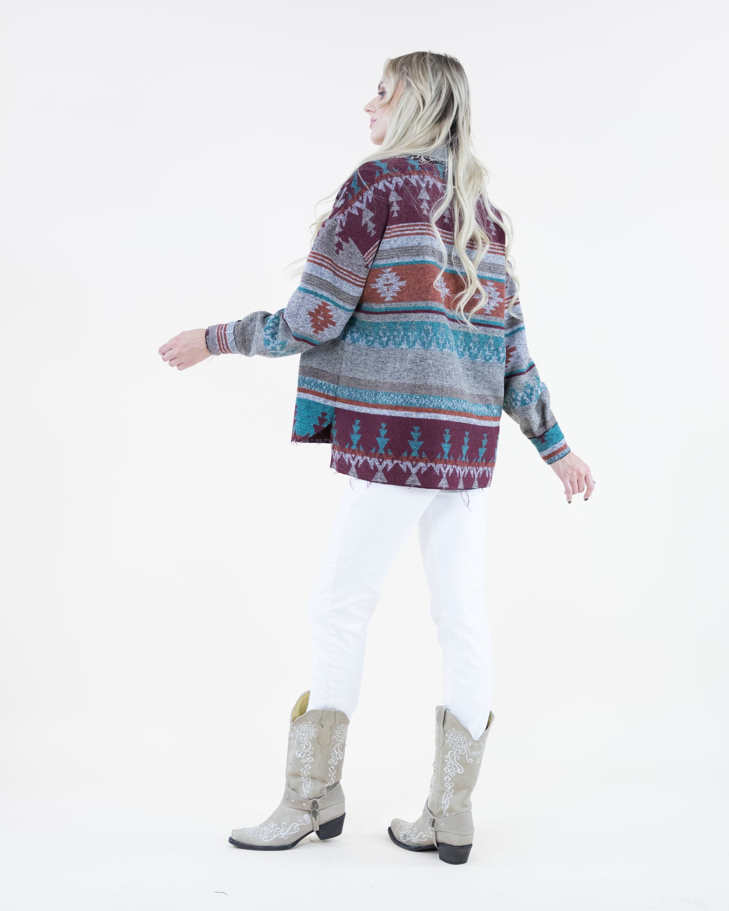 Aztec Print Shacket w/ Fray Trim & Front Pockets