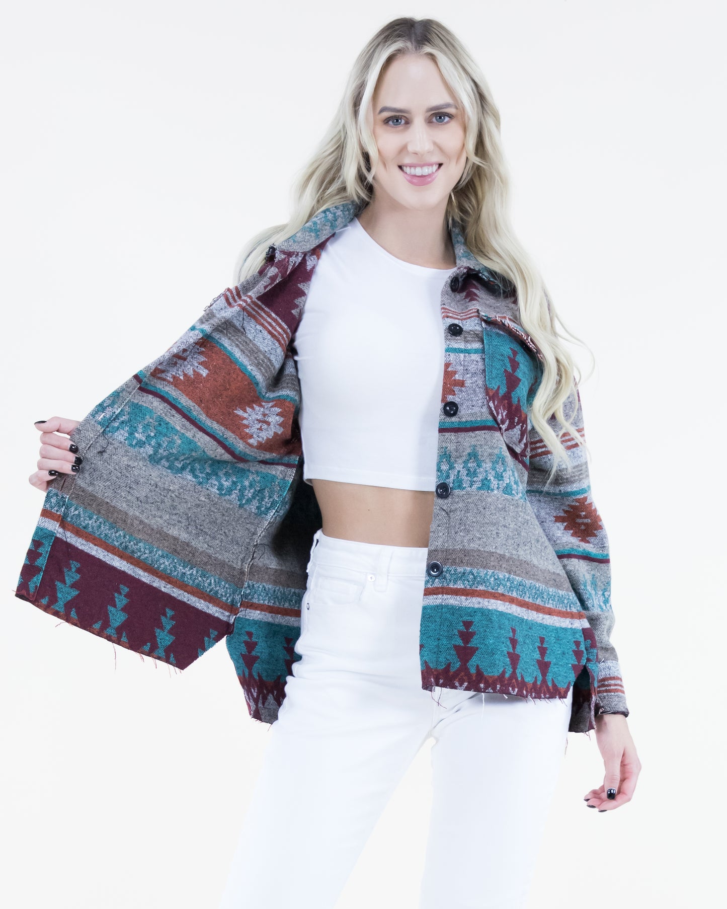 Aztec Print Shacket w/ Fray Trim & Front Pockets