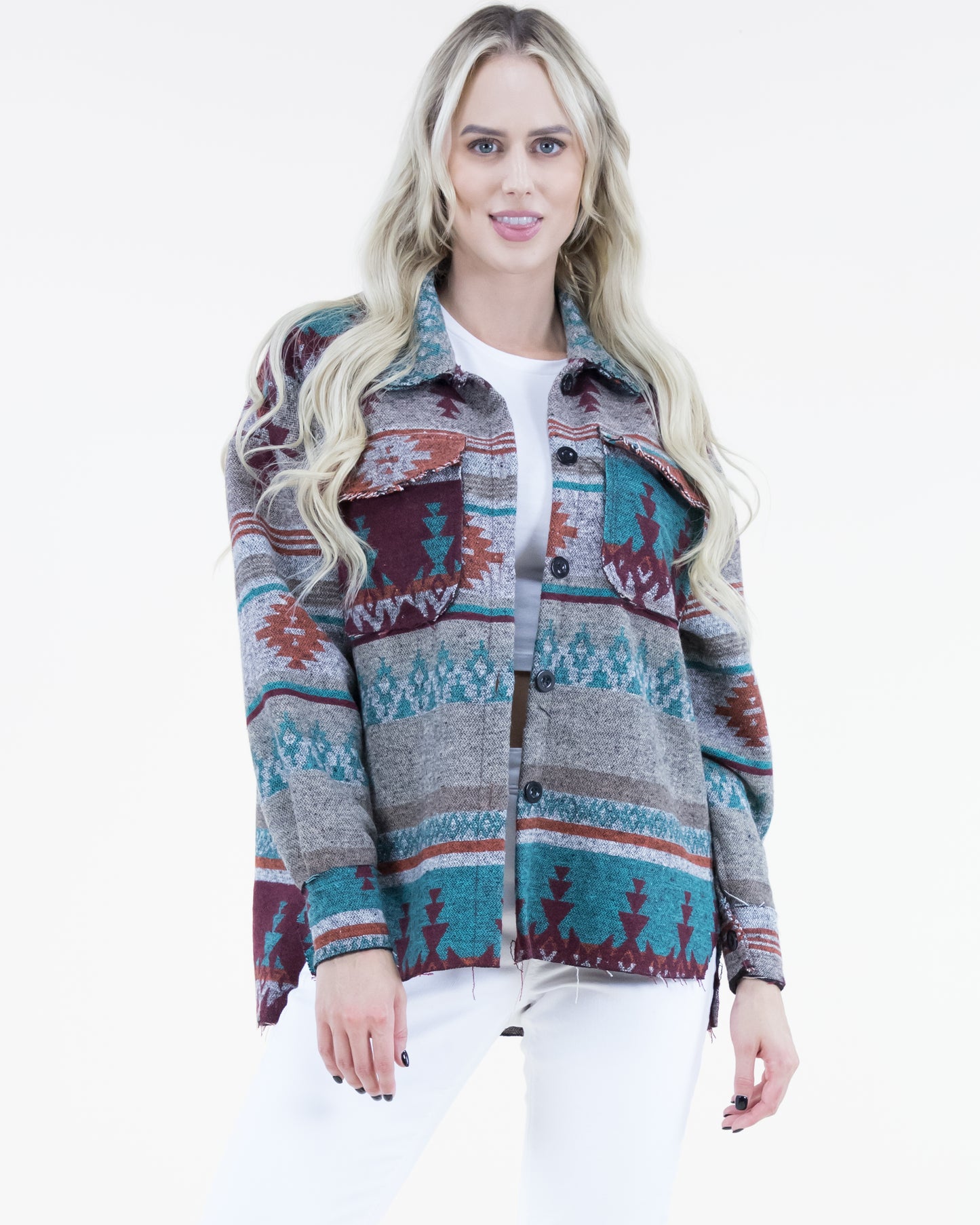 Aztec Print Shacket w/ Fray Trim & Front Pockets