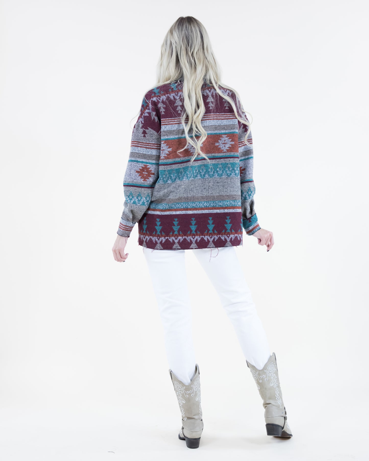 Aztec Print Shacket w/ Fray Trim & Front Pockets