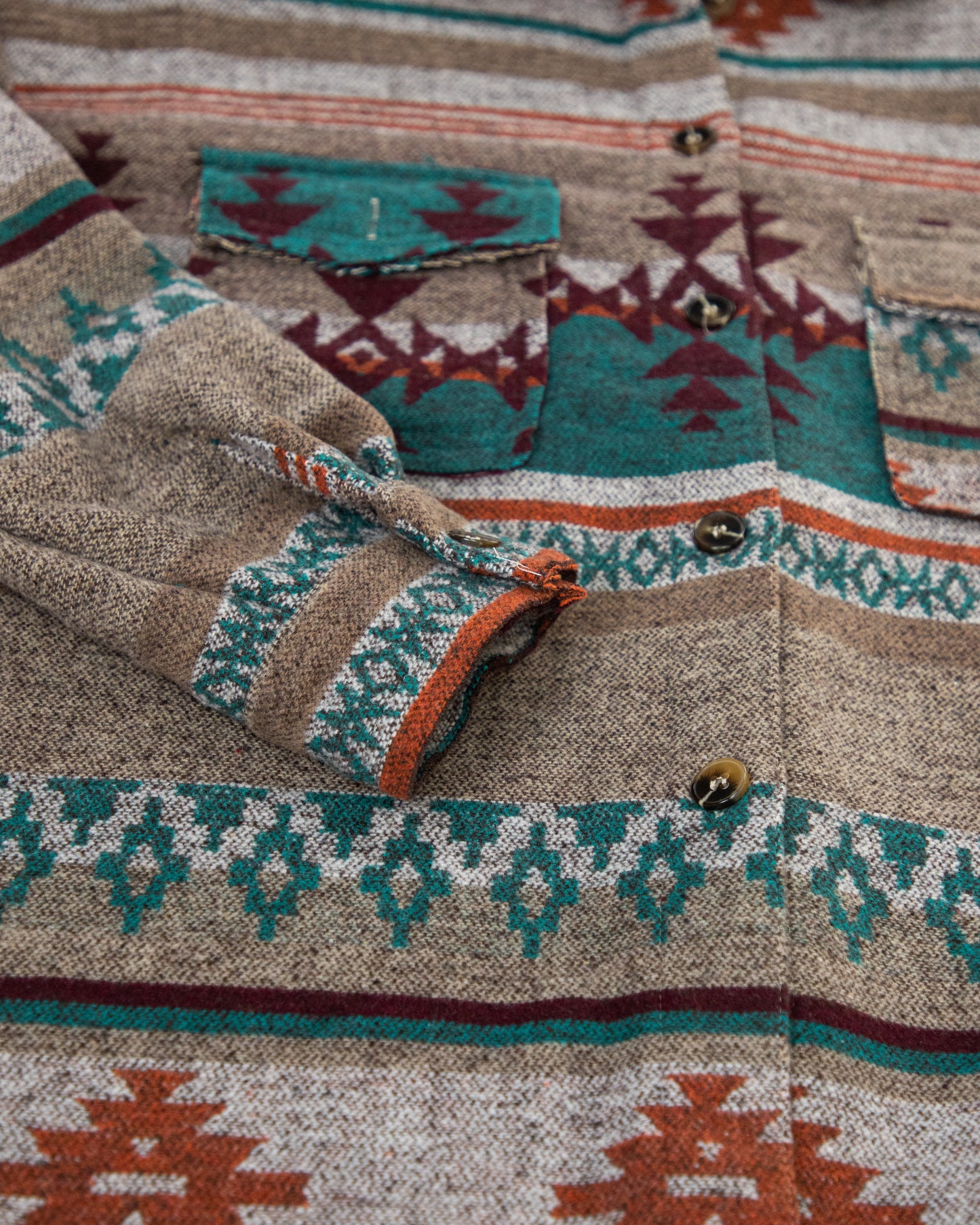 Aztec Print Shacket w/ Fray Trim & Front Pockets