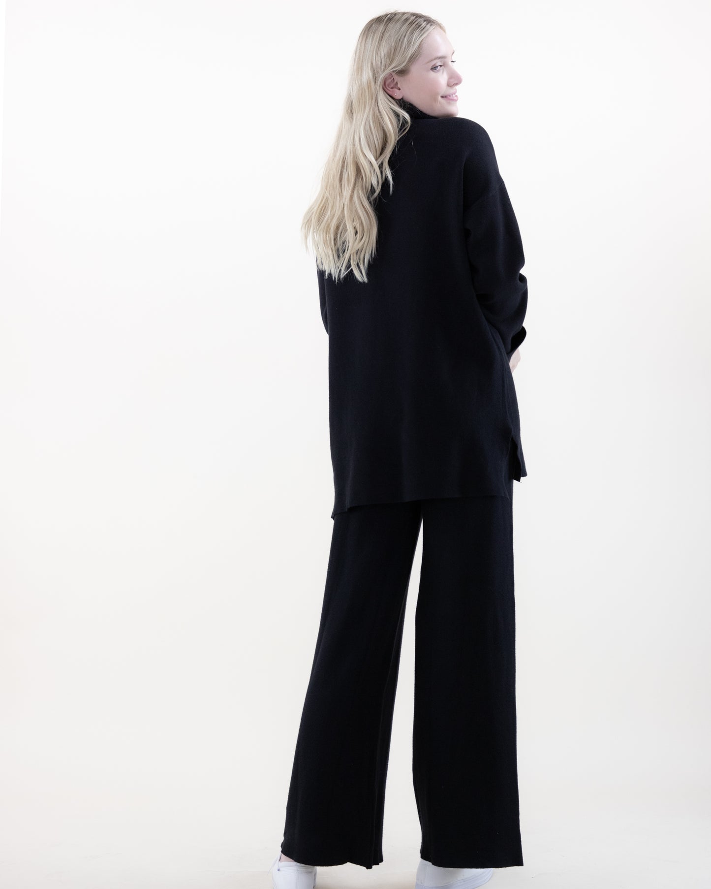 Relaxed Button Detail Long Knit Top with Matching Wide-Leg Pants 2pcs Set