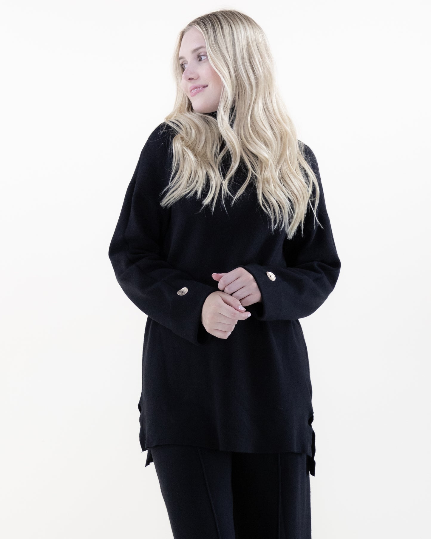 Relaxed Button Detail Long Knit Top with Matching Wide-Leg Pants 2pcs Set
